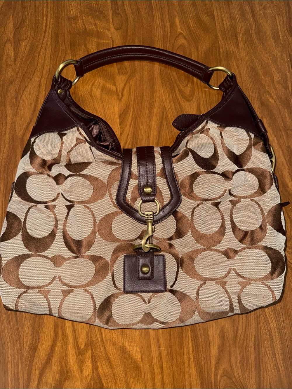 Vintage Coach Brown Signature Jacquard Shoulder Bag with Dark Brown Leather Trim